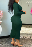 Ink Green Fashion Sexy Solid Hollowed Out Frenulum O Neck Long Sleeve Dresses