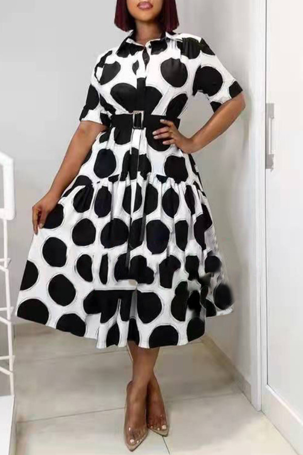 Black Fashion Casual Dot Print With Belt Turndown Collar Short Sleeve Dress