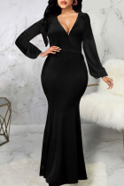 Black Sexy Solid Patchwork V Neck Dresses