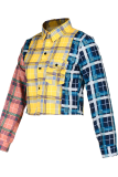 Yellow Casual Plaid Patchwork Turndown Collar Tops