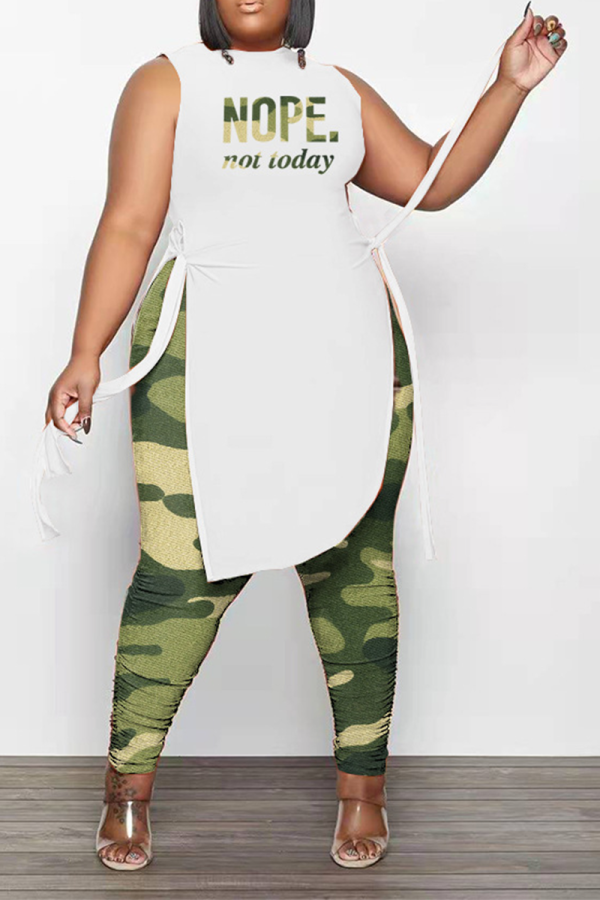 Camouflage Casual Print Slit O Neck Plus Size Two Pieces