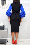 Blue Casual Solid Patchwork Slit Fold O Neck One Step Skirt Dresses