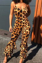 Brown Fashion Sexy Print Leopard Backless Spaghetti Strap Skinny Jumpsuits