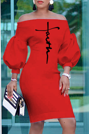 Red Fashion Casual Print Backless Off the Shoulder Dresses