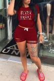 Burgundy Fashion Casual Letter Print Ripped O Neck Short Sleeve Two Pieces