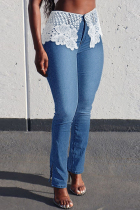 Medium Blue Fashion Casual Patchwork Basic High Waist Skinny Denim Jeans