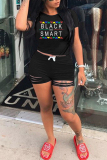 Black Fashion Casual Letter Print Ripped O Neck Short Sleeve Two Pieces