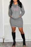 Grey Fashion Casual Butterfly Print Basic Hooded Collar Long Sleeve Dresses