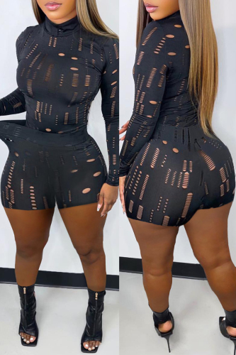 Black Fashion Sexy Solid Ripped Half A Turtleneck Long Sleeve Two Pieces