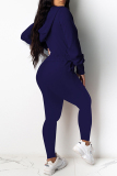 Deep Blue Casual Solid Basic Hooded Collar Long Sleeve Two Pieces
