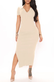 Apricot Fashion Casual Solid Slit Turndown Collar Short Sleeve Dress