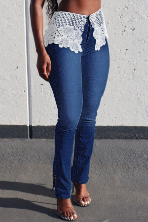 Deep Blue Fashion Casual Patchwork Basic High Waist Skinny Denim Jeans