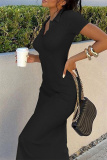 Black Fashion Casual Solid Slit Turndown Collar Short Sleeve Dress