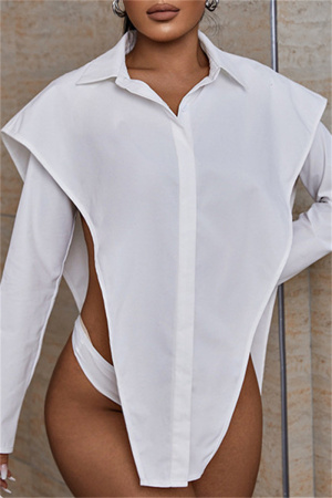White Sexy Casual Solid Asymmetrical Turndown Collar Long Sleeve Shirt Tops