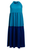 Dark Blue Casual Sleeveless Halter Neck A-Line Knee-Length Patchwork Solid chain Dresses