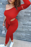 Red Sexy Solid Patchwork One Shoulder Three Quarter Two Pieces