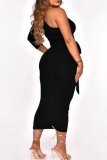 Black Fashion Casual Solid With Belt Asymmetrical Oblique Collar Long Sleeve Dresses