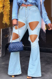 Blue Sexy Street Solid Ripped Patchwork High Waist Boot Cut Denim Jeans