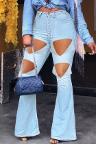 Baby Blue Sexy Street Solid Ripped Split Joint High Waist Boot Cut Denim Jeans