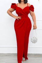 Red Sexy Solid Patchwork Slit Spaghetti Strap Straight Dresses