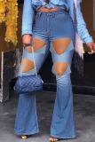 Baby Blue Sexy Street Solid Ripped Patchwork High Waist Boot Cut Denim Jeans