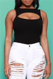 Black Sexy Casual Solid Hollowed Out O Neck Sleeveless Skinny Romper