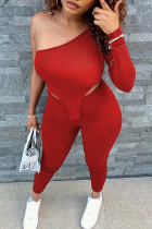 Red Sexy Solid Split Joint One Shoulder Three Quarter Two Pieces