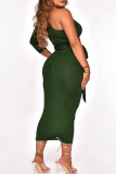 Army Green Fashion Casual Solid With Belt Asymmetrical Oblique Collar Long Sleeve Dresses