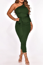 Army Green Fashion Casual Solid With Belt Asymmetrical Oblique Collar Long Sleeve Dresses