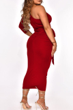 Red Fashion Casual Solid With Belt Asymmetrical Oblique Collar Long Sleeve Dresses