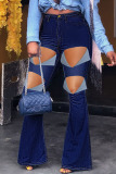 Blue Sexy Street Solid Ripped Patchwork High Waist Boot Cut Denim Jeans