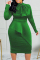 Green Fashion Casual Solid Patchwork With Bow Half A Turtleneck Long Sleeve Plus Size Dresses