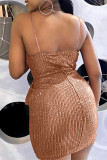 Khaki Fashion Sexy Patchwork Sequins Backless V Neck Sling Dress Dresses