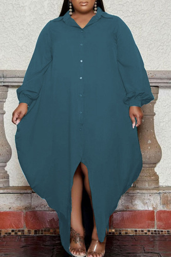 Indigo Casual Solid Patchwork Buckle Turndown Collar Irregular Dress Plus Size Dresses