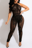 Black Fashion Sexy Patchwork Sequins See-through Backless Halter Skinny Jumpsuits