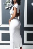 White Fashion Solid Hollowed Out Slit V Neck Pencil Skirt Dresses