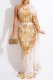 Gold Sexy Embroidered Sequins Split Joint Oblique Collar Dresses