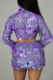 Purple Fashion Sexy Patchwork Sequins Asymmetrical Turtleneck Long Sleeve Two Pieces
