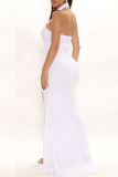 White Sexy Solid Patchwork Backless Slit Hot Drill Halter Evening Dress Dresses