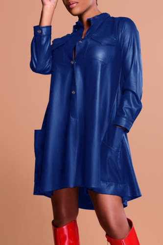 Blue Casual Solid Patchwork Pocket Buckle Mandarin Collar A Line Dresses