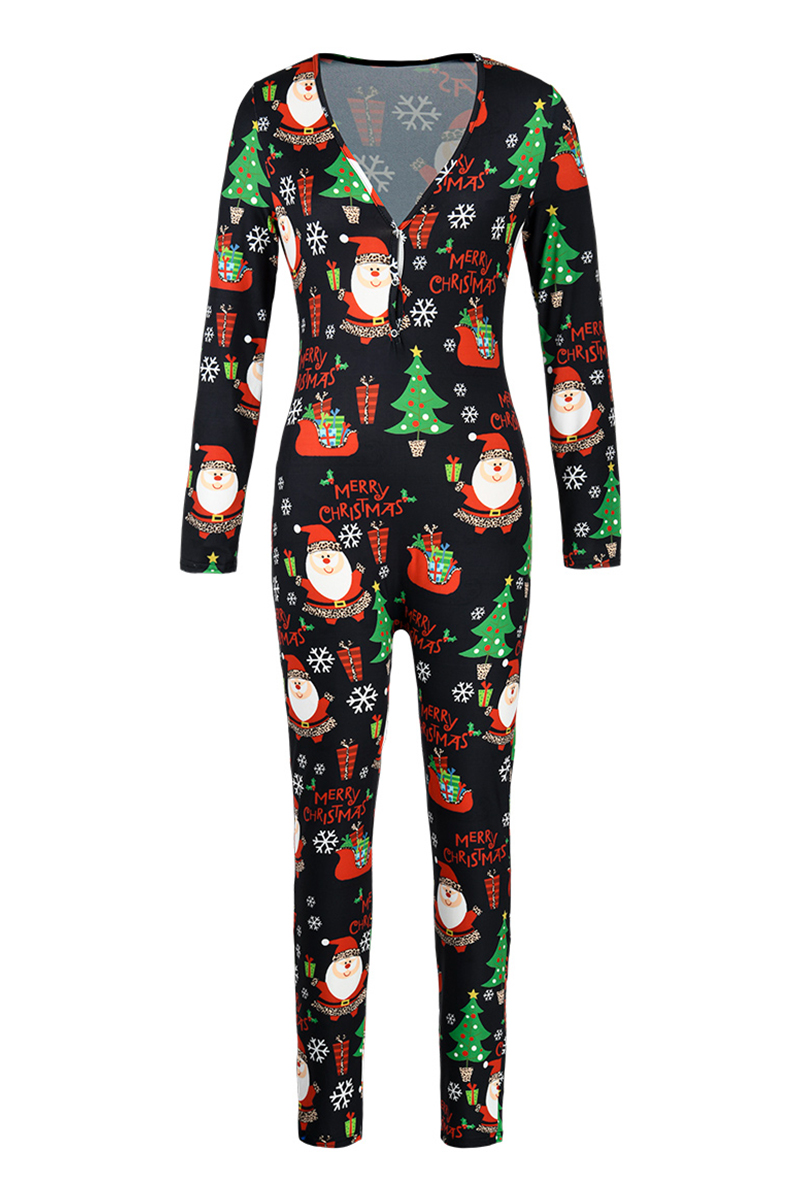 Black Sexy Party Patchwork Print Santa Claus V Neck Skinny Jumpsuits ...