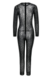 Black Fashion Sexy Solid See-through O Neck Skinny Jumpsuits