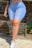 Light Blue Fashion Casual The stars Patchwork Skinny High Waist Conventional Patchwork Plus Size Denim Shorts