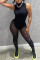 Black Fashion Sexy Solid Patchwork See-through Half A Turtleneck Sleeveless Two Pieces