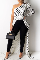 White Sexy Print Leopard Split Joint Fold Asymmetrical Oblique Collar Dresses