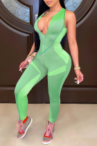 Green Sexy Color Block Split Joint Zipper Collar Skinny Jumpsuits