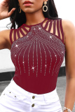 Red Sexy Casual Patchwork Hot Drilling Hollowed Out O Neck Tops