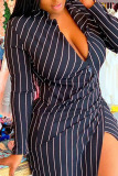 Black Sexy Striped Print Split Joint Buckle Slit V Neck Straight Dresses