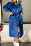 Blue Casual Solid Split Joint Pocket Buckle Turndown Collar Shirt Dress Plus Size Dresses