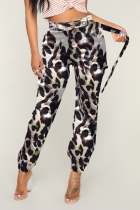 Leopard print Zipper Fly Button Fly Mid Metal Zippered pencil Pants Pants